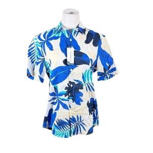 Cubavera Womens Small Tropical Leaf Print Linen Blend Button Down Shirt Blue